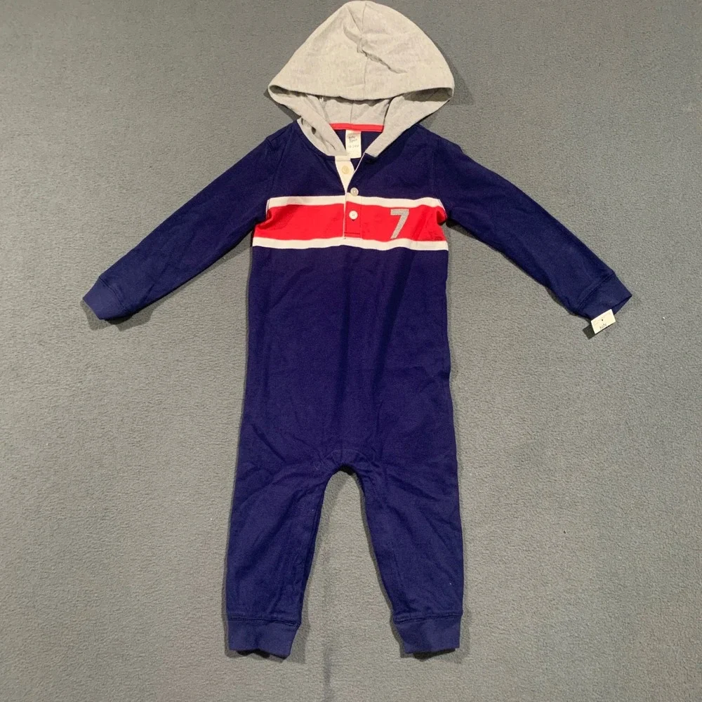New Baby B'gosh Boy's Navy Red White Number 7‎ Hooded Jumpsuit 18-24 Mo